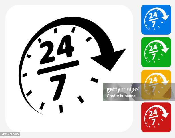 ilustrações de stock, clip art, desenhos animados e ícones de 24/7 serviço ícone flat design gráfico - aberto 24 horas