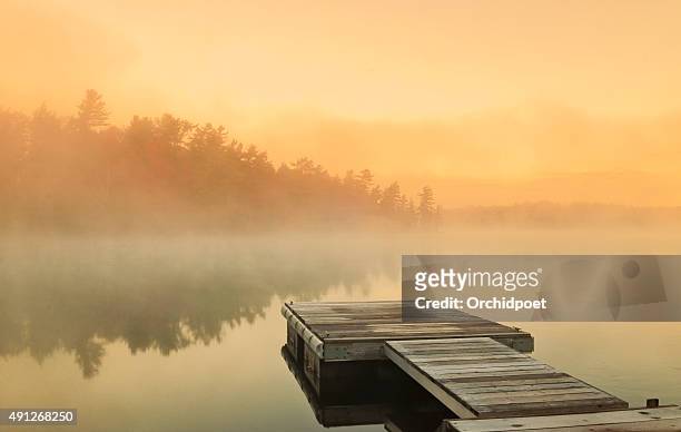 cottage foggy sunrise - lake stock pictures, royalty-free photos & images