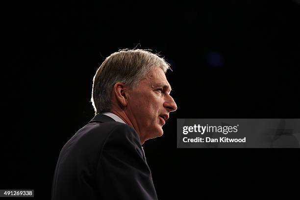 Secretary of State for Foreign and Commonwealth Affairs Philip Hammond speaks during day one of the Conservative Party Conference on October 4, 2015...