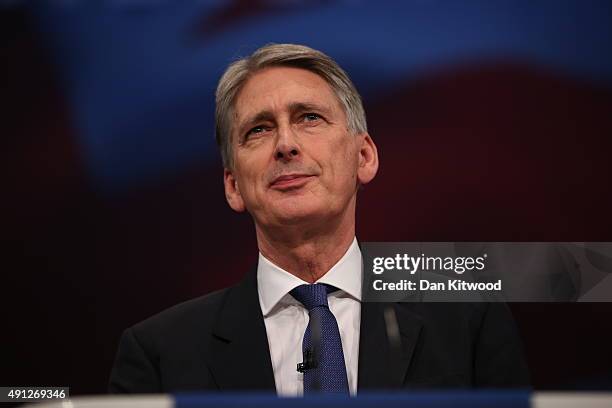 Secretary of State for Foreign and Commonwealth Affairs Philip Hammond speaks during day one of the Conservative Party Conference on October 4, 2015...