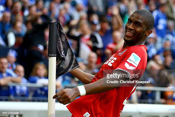 Anthony Modeste of Koeln celebrates the first goal during the Bundesliga match between FC Schalke 04 and 1. FC Koeln at Veltins-Arena on October 4,...