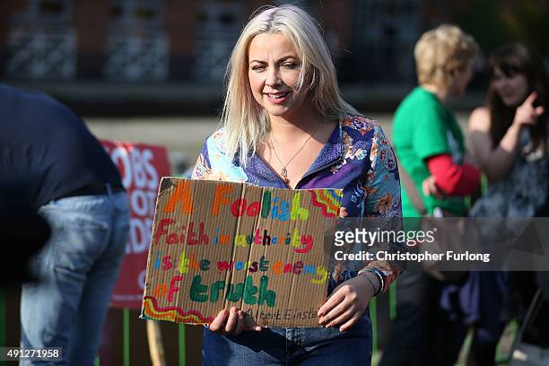 Charlotte Church takes part in an anti-austerity protest during the first day of the Conservative Party Autumn Conference 2015 on October 4, 2015 in...