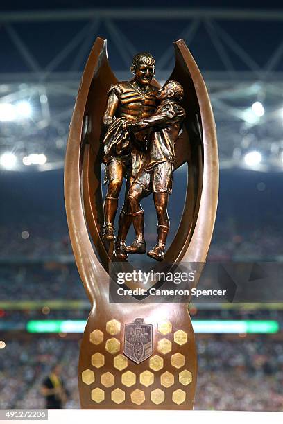 The NRL Premiership tropy is seen before the 2015 NRL Grand Final match between the Brisbane Broncos and the North Queensland Cowboys at ANZ Stadium...