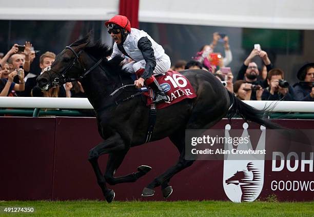 Frankie Dettori riding Golden Horn win The Qatar Prix De L'Arc De Triomphe at Longchamp racecourse on October 04, 2015 in Paris, France.