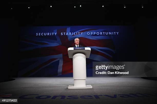 British Defence Secretary Michael Fallon speaks during day one of the Conservative Party Conference on October 4, 2015 in Manchester, England. Up to...