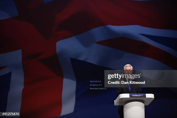 British Defence Secretary Michael Fallon speaks during day one of the Conservative Party Conference on October 4, 2015 in Manchester, England. Up to...