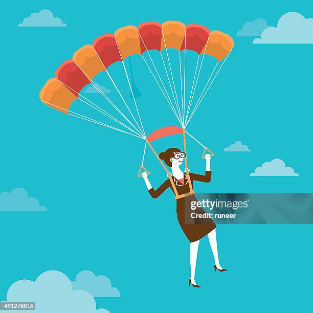 parachuting businesswoman | new business concept - sky diving stock illustrations