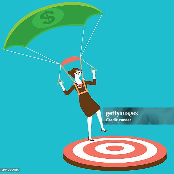 stockillustraties, clipart, cartoons en iconen met cash parachuting businesswoman landing on target | new business concept - parachute