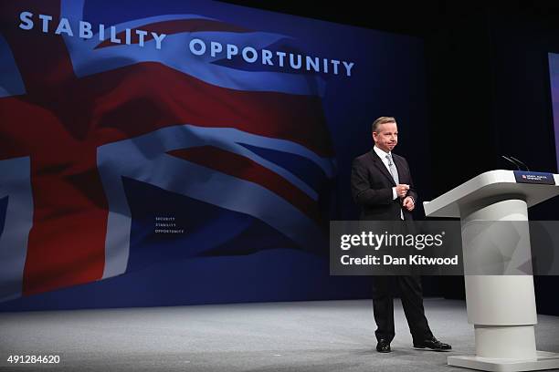 Michael Gove MP for Surrey Heath and Secretary of State for Justice speaks during day one of the Conservative Party Conference on October 4, 2015 in...