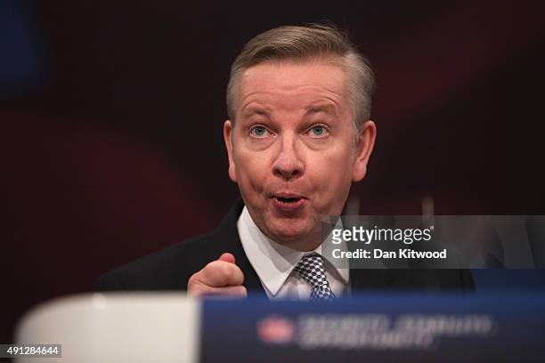 Michael Gove MP for Surrey Heath and Secretary of State for Justice speaks during day one of the Conservative Party Conference on October 4, 2015 in...