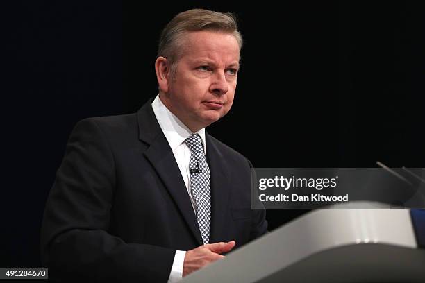 Michael Gove MP for Surrey Heath and Secretary of State for Justice speaks during day one of the Conservative Party Conference on October 4, 2015 in...