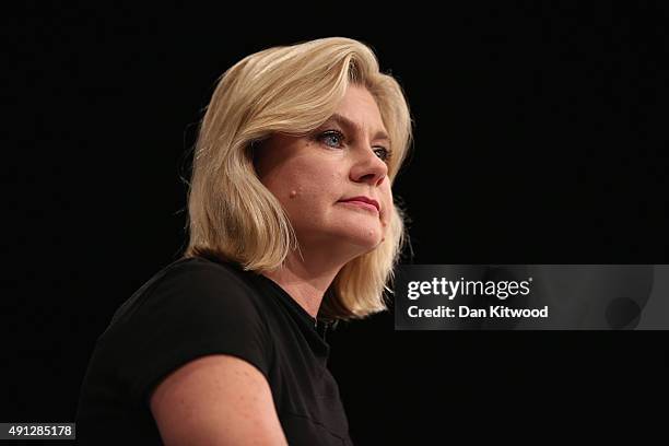 Justine Greening, International development secretary speaks during day one of the Conservative Party Conference on October 4, 2015 in Manchester,...