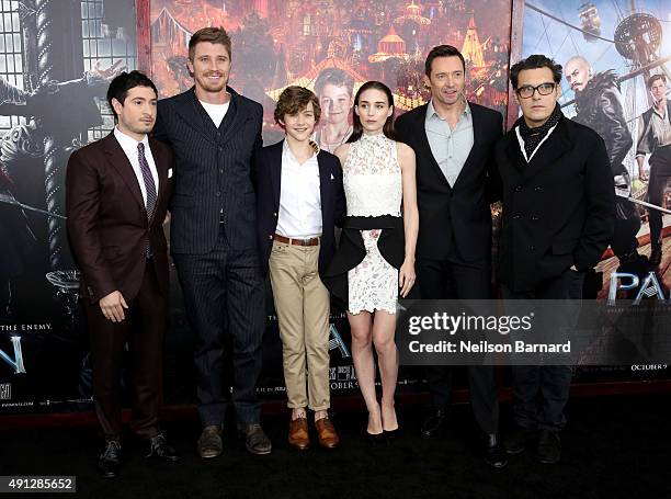 Jason Fuchs, Garrett Hedlund, Levi Miller, Rooney Mara, Hugh Jackman and Joe Wright attend "Pan" premiere at Ziegfeld Theater on October 4, 2015 in...