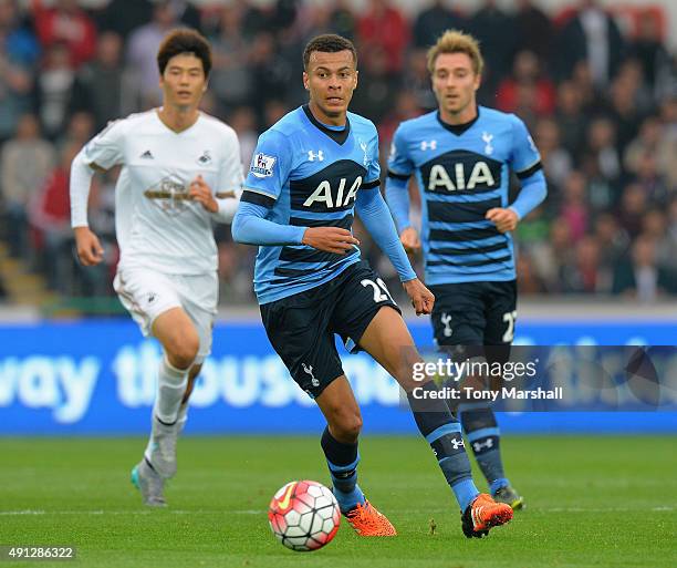 Dele Alli of Tottenham Hotspur in action during the Barclays Premier League match between Swansea City and Tottenham Hotspur at Liberty Stadium on...