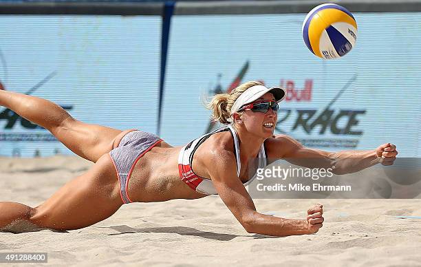 Heather Bansley of Canada plays a shot during the bronze medal match against Agatha Bednarczuk and Barbara Seixas of Brazil at the FIVB Fort...