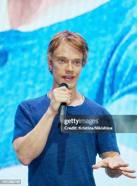 Actor Alfie Allen speaks on stage during Comic Con Russia 2015 on October, 4 in Crocus Expo Exhibition Center in Moscow, Russia.