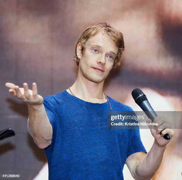 Actor Alfie Allen speaks on stage during Comic Con Russia 2015 on October, 4 in Crocus Expo Exhibition Center in Moscow, Russia.