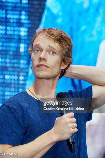 Actor Alfie Allen speaks on stage during Comic Con Russia 2015 on October, 4 in Crocus Expo Exhibition Center in Moscow, Russia.