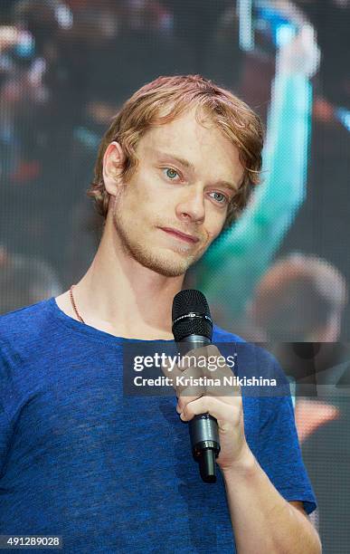 Actor Alfie Allen speaks on stage during Comic Con Russia 2015 on October, 4 in Crocus Expo Exhibition Center in Moscow, Russia.