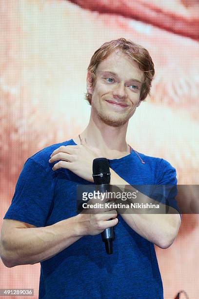 Actor Alfie Allen speaks on stage during Comic Con Russia 2015 on October, 4 in Crocus Expo Exhibition Center in Moscow, Russia.