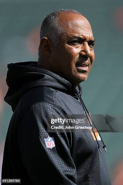 Head Coach Marvin Lewis of the Cincinnati Bengals watches as his team warms up prior to the start of the game against the Kansas City Chiefs at Paul...