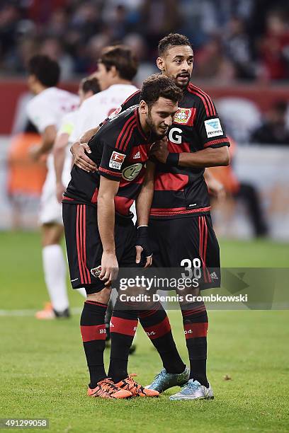 Hakan Calhanoglu of Bayer Leverkusen misses a chance at goal from a penalty during the Bundesliga match between Bayer Leverkusen and FC Augsburg at...