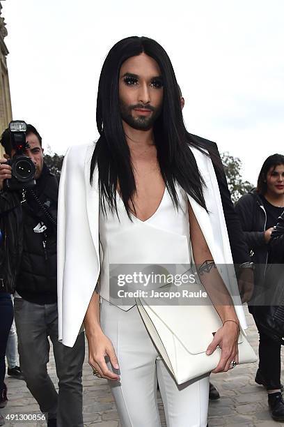 Conchita Wurst is seen arriving at Akris Fashio Show during Paris Fashion Week - Ready To Wear S/S 2016 : Day Six on October 4, 2015 in Paris, France.