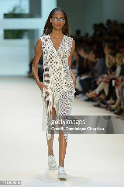 Model walks the runway during the Akris show as part of the Paris Fashion Week Womenswear Spring/Summer 2016 on October 4, 2015 in Paris, France.