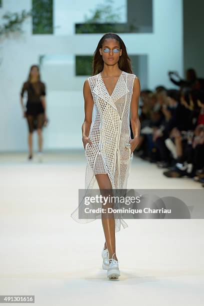 Model walks the runway during the Akris show as part of the Paris Fashion Week Womenswear Spring/Summer 2016 on October 4, 2015 in Paris, France.