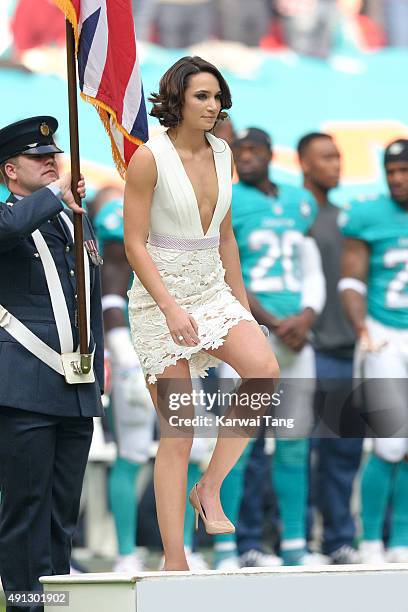 Laura Wright attends the NFL International fixture as the New York Jets compete against the Miami Dolphins at Wembley Stadium on October 4, 2015 in...