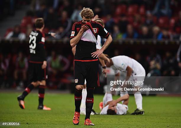 Stefan Kiessling of Bayer Leverkusen reacts during the Bundesliga match between Bayer Leverkusen and FC Augsburg at BayArena on October 4, 2015 in...