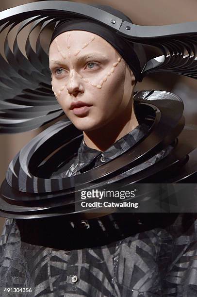 Beauty detail on the runway at the Junya Watanabe Spring Summer 2016 fashion show during Paris Fashion Week on October 3, 2015 in Paris, France.