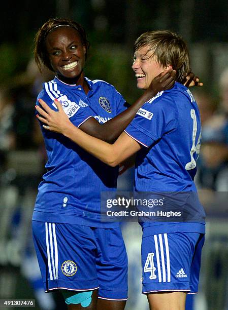 Fran Kirby celebrates with Eniola Aluko after scoring Chelsea's second goal during the FA WSL match between Chelsea Ladies FC and Sunderland AFC...