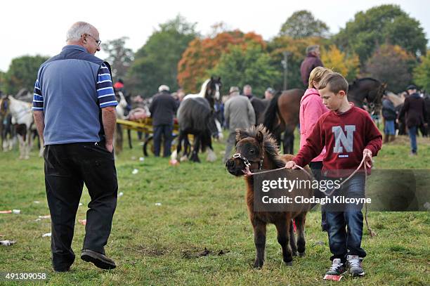 Young boy with his Fellabella miniature pony at the annual Ballinasloe Horse Fair on October 4, 2015 in Galway, Ireland. Dating back to the 18th...