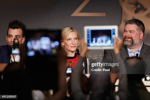 Actors Jay Baruchel, Cate Blanchett and director Dean DeBlois attend the "How To Train Your Dragon 2" press conference during the 67th Annual Cannes...