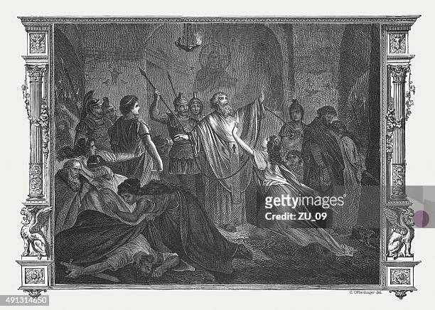 persecution of christians in ancient rome, wood engraving,published 1878 - threats stock illustrations