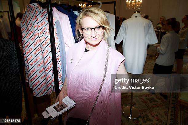 Evelina Khromtchenko attends Buro 24/7 Family Presentation of 9 Fashion Designers from Russia, Ukraine and Kazakhstan at Hotel Bristol on October 4,...