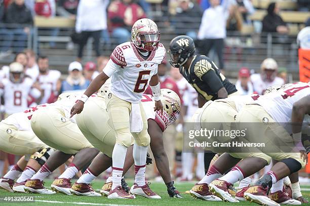 Everett Golson of the Florida State Seminoles against the Wake Forest Demon Deacons during their game at BB&T Field on October 3, 2015 in Winston...