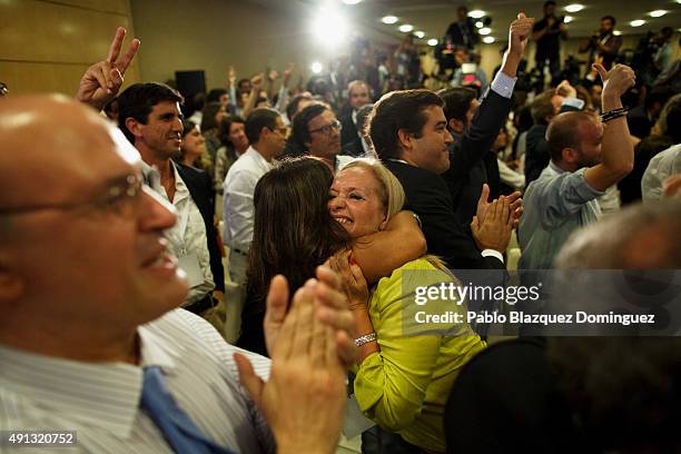 Supporters of Pedro Passos Coelho's coalition 'Portugal a frente' react as they learn the first tv polls estimations at Sana Hotel on October 4, 2015...