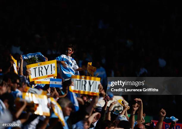 Argentina fans celebrate a try during the 2015 Rugby World Cup Pool C match between Argentina and Tonga at Leicester City Stadium on October 4, 2015...