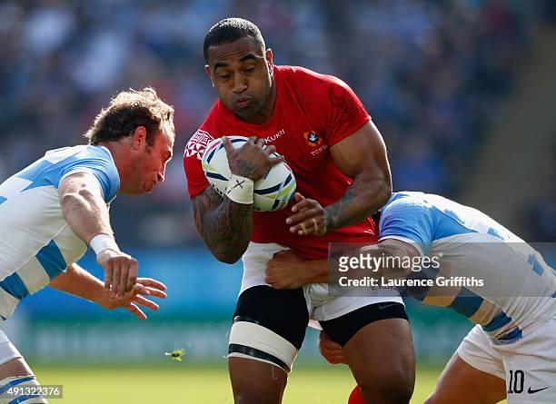 Fetu'u Vainikolo of Tonga in action during the 2015 Rugby World Cup Pool C match between Argentina and Tonga at Leicester City Stadium on October 4,...