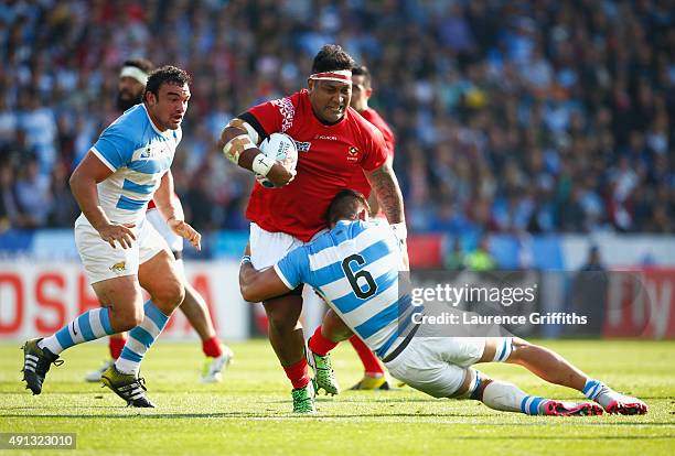 Halani Aulika of Tonga in action during the 2015 Rugby World Cup Pool C match between Argentina and Tonga at Leicester City Stadium on October 4,...