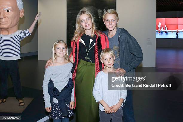 Natalia Vodianova with her children Viktor, Neva and Lucas Alexander attend the 'Picasso Mania' : Press Preview. Held at Grand Palais on October 4,...