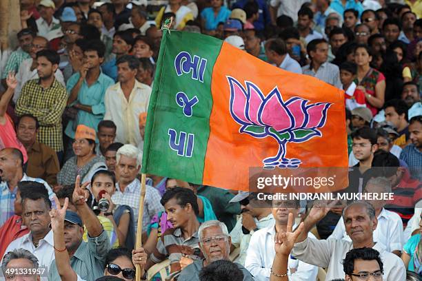 Bharatiya Janata Party supporters wave a flag during a public rally by BJP prime ministerial candidate Narendra Modi after his victory in Vadodara on...