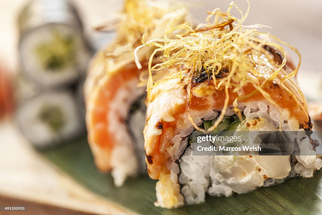 Japanese Cuisine, close up of fresh Sushi