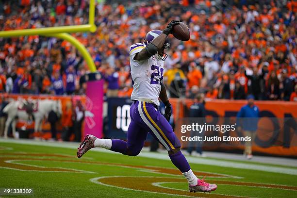 Running back Adrian Peterson of the Minnesota Vikings celebrates after rushing for a 48 yard touchdown against the Denver Broncos in the fourth...