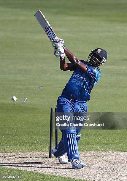 Narangoda Perera of Sri Lanka is bowled out by Robbie Joseph of Kent during the tour match between Kent and Sri Lanka at The Spitfire Ground on May...