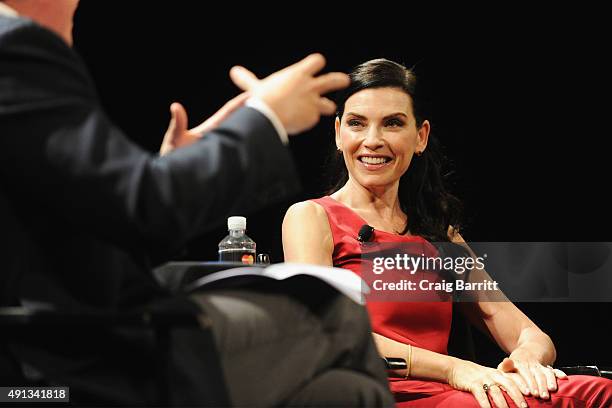 Writer Joshua Rothman and actress Julianna Margulies speak on stage during day 3 of The New Yorker Festival 2015 at SVA Theater on October 4, 2015 in...