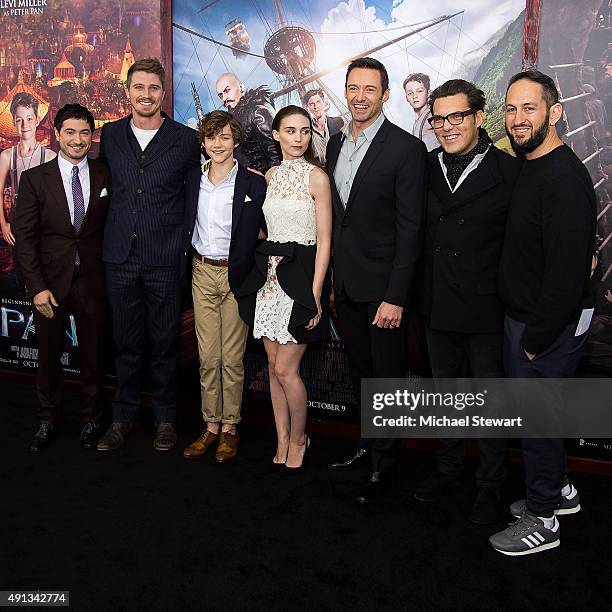 Jason Fuchs, Garrett Hedlund, Levi Miller, Rooney Mara, Hugh Jackman, Joe Wright and Greg Silverman attend the "Pan" New York Premiere at Ziegfeld...