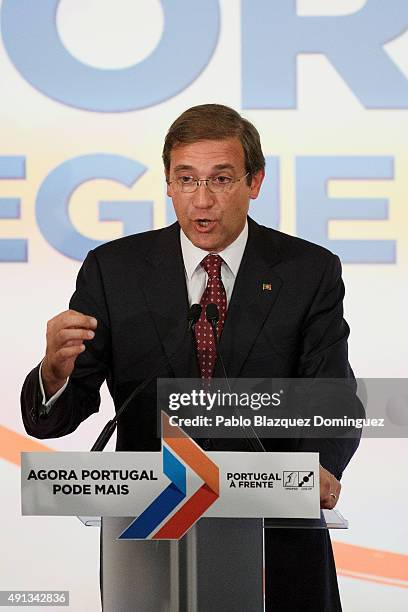 Portuguese Prime Minister and Social Democratic Party's leader Pedro Passos Coelho speaks in front of his supporters after winning the general...